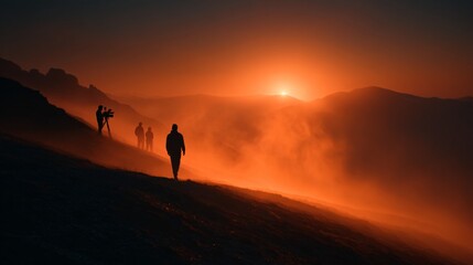 Fototapeta premium Majestic Sunset Film Shoot Cinematographer and Crew Filming on Mountain Peak