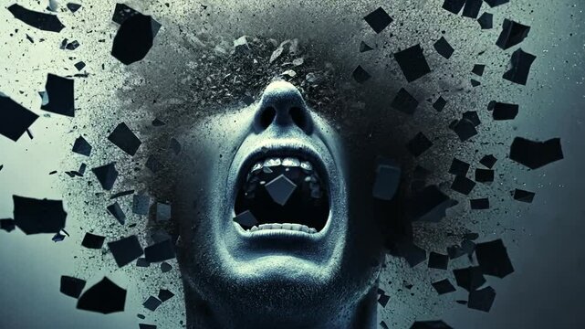 Abstract representation of a human head exploding with fragments, symbolizing mental distress and chaos