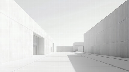 Obraz premium Minimalist Architectural Symmetry: A striking architectural composition showcases a sleek, modern building with clean lines, geometric forms, and an interplay of light and shadow.