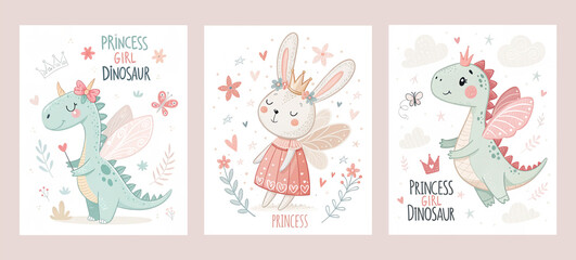 Set of children's cards Dinosaur Princess and Bunny Princess.