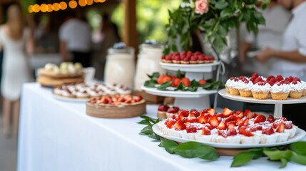 Delicious dessert assortment featuring tarts and cupcakes on white tablecloth