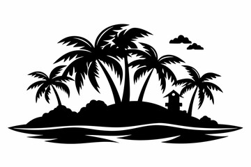 tropical island silhouette line art vector illustration with a white background