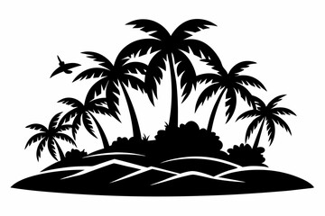 tropical island silhouette line art vector illustration with a white background