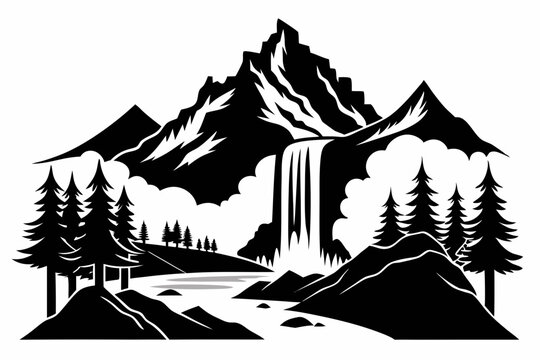 waterfall mountain landscape silhouette line art vector illustration with a white background