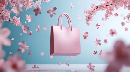 A pastel-pink shopping bag floats amidst falling cherry blossoms against a soft blue backdrop.  The scene is serene, suggestive of springtime shopping or a gift