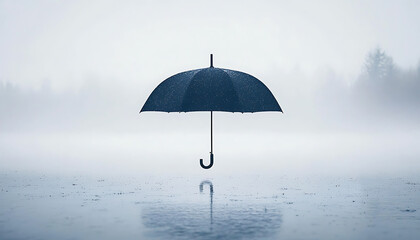 Rainy day with umbrella, and foggy lake.