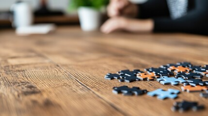 Naklejka premium Puzzle pieces on wooden table game and solution concept