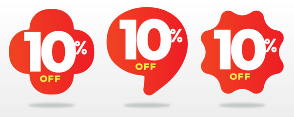 Sales, product, offer, promotion, 10% off. Marketing, value, price, special, day, shopping, red balloon. Store, retail, label, tag, sticker. Advertising, vector, set, icon