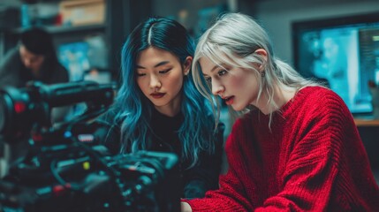 In A Modern Studio, An Asian Woman In A Red Sweater And A Caucasian Woman With Blue Hair, Both Young, Collaborate Over A Camera And Storyboard, Focusing On Creative Film Production And Advertising.