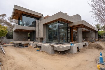 Modern architectural design featuring a concrete and glass house under construction, showcasing contemporary style and innovative building techniques in a residential setting.