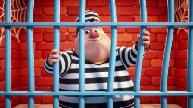 Jail bars cartoon with a sad prisoner looking through. Suitable for illustrating confinement, imprisonment, seeking freedom, justice, or despair themes.