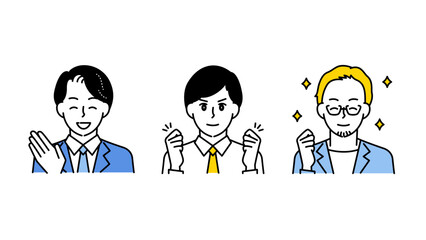 モチベーションと笑顔あふれるビジネス男性3人のイラストセットB