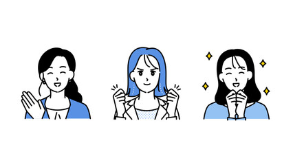 モチベーションと笑顔あふれるビジネス女性3人のイラストセットB