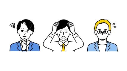 悩み・混乱・不安を表すビジネス男性3人のイラストセットA
