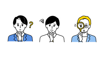 疑問・考察・調査する男性3人のビジネスイラストセットA