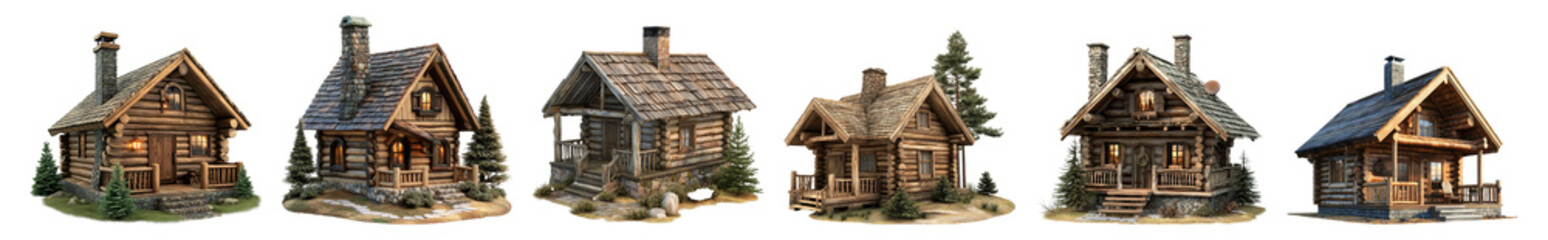 Rustic Wooden Cabins in Serene Natural Settings with Warm Lighting Isolated Transparent Background