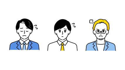 悩み・混乱・不安を表すビジネス男性3人のイラストセットD