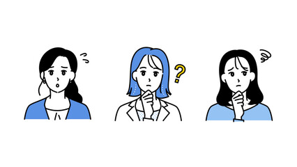 戸惑う・悩む・考えこむ3人の女性の表情セット（ビジネスシーン）A