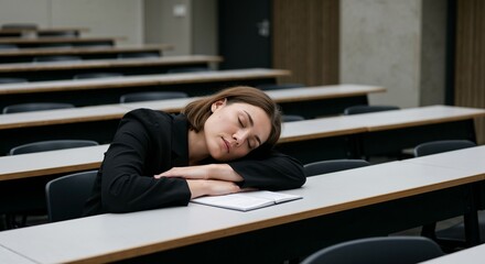 Young woman resting her head on desk during empty classroom session  