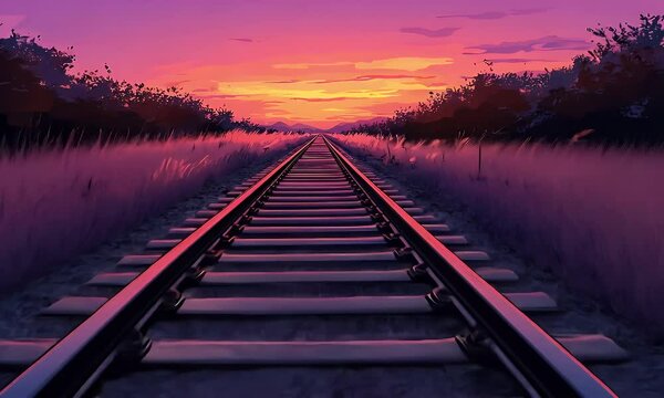Railroad tracks vanishing into a vibrant sunset landscape.