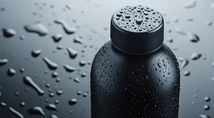 Close-up of a dark, cylindrical bottle covered in condensation droplets, sitting on a wet, reflective surface.  The bottle has a dark cap