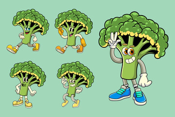 Set of funny broccoli vegetable 70s retro comic cartoon characters
