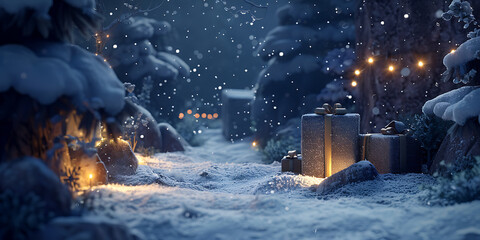 Snowy Night Landscape with Twinkling Lights and Wrapped Gifts in Frosted Trees
