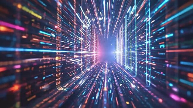 breath taking matrix code cascade, multiple layers of glowing data streams, vibrant colors flowing into each other, interspersed digital nodes pulsing with light, endless depth illusion