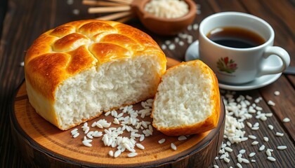 Naklejka premium Warm, freshly baked rice cake on rustic wooden board, scattered rice grains, coffee cup, korean, copy space