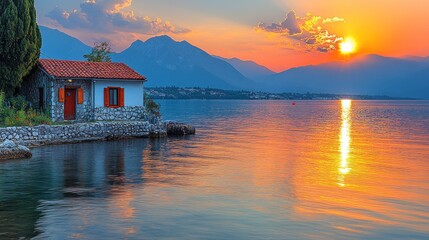 Fototapeta premium Serene Sunset over the Coastal House