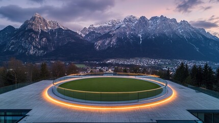 Luxurious Rooftop Helipad: Illuminated Circular Landing Zone with Glass Railings at Blue Hour. Aerial View of Exclusive Hotel Amenity Overlooking Golf Course and Snow-Capped Mountains