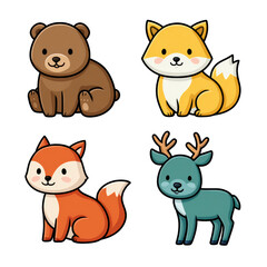 Cute Cartoon Animals Featuring Bear, Fox, Deer, and Cat in Colorful Design for Children's Illustrations