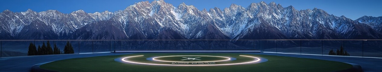 Luxurious Rooftop Helipad: Illuminated Circular Landing Zone with Glass Railings at Blue Hour. Aerial View of Exclusive Hotel Amenity Overlooking Golf Course and Snow-Capped Mountains