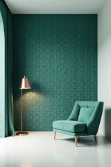 Serene Teal Room Interior Design Featuring a Comfortable Upholstered Chair and Elegant Floor Lamp
