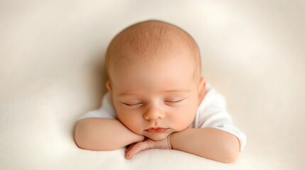 Sleeping newborn baby portrait peaceful infant relaxing in studio on creamy background