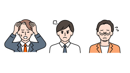 悩み・混乱・不安を表すビジネス男性3人のイラストセットC2