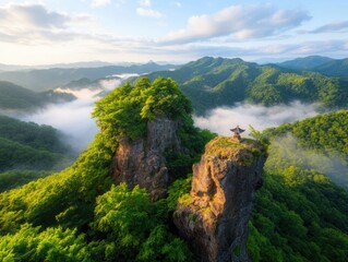 Mountain scenery with pagoda on cliff top in a serene landscape