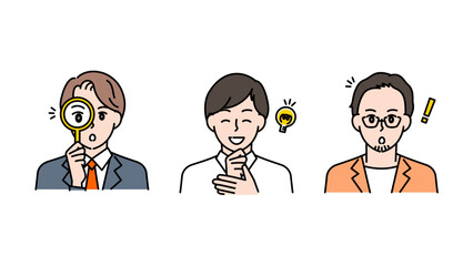 調べる・ひらめく・驚くリアクションをする表情豊かな男性3人のイラストセットA2