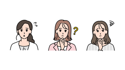 Naklejka premium 戸惑う・悩む・考えこむ3人の女性の表情セット（ビジネスシーン）A2