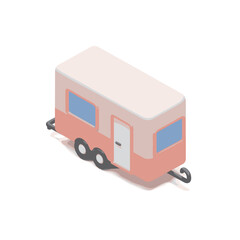 Isometric illustration of a pink caravan trailer with wheels  