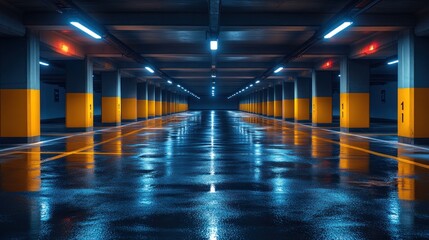 Fototapeta premium Underground Parking Garage: Neon Lights and Wet Floor