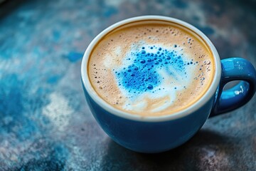A vibrant blue-hued latte art design adorns the tan-colored crema of a cappuccino served in a small, cobalt blue cup, resting on a mottled blue-grey surface