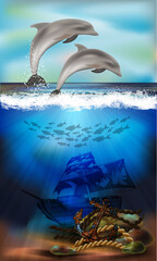 Underwater card with dolphins and old anchor. vector illustration