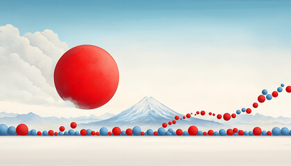Red spheres rise over snowy peak.
