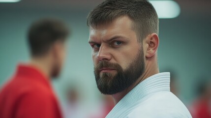 Intense martial arts training session with focused participant in a dojo environment