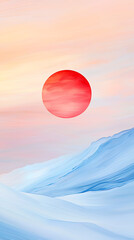 Red Sun over Snowy Mountains.