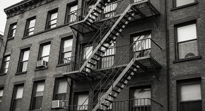 Old brick building with fire escape stairs in urban environment scene