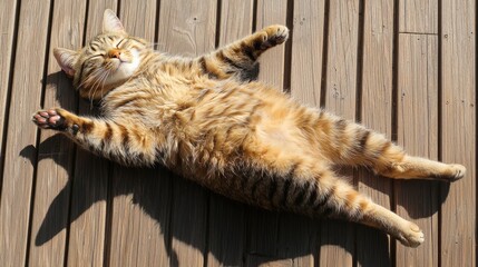 A cat lazily sunbathing on a warm wooden deck