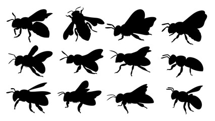 Set of bee silhouettes black