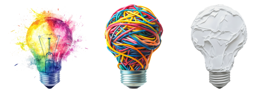 Creative Light Bulbs with Colorful Design and Unique Concepts, Isolated on Transparent Background